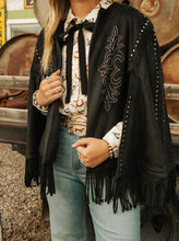 Load image into Gallery viewer, Black EmbroideredStudded Fringe Cape
