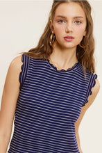 Load image into Gallery viewer, Navy striped stretchy ribbed ruffle tank top
