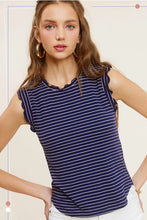 Load image into Gallery viewer, Navy striped stretchy ribbed ruffle tank top
