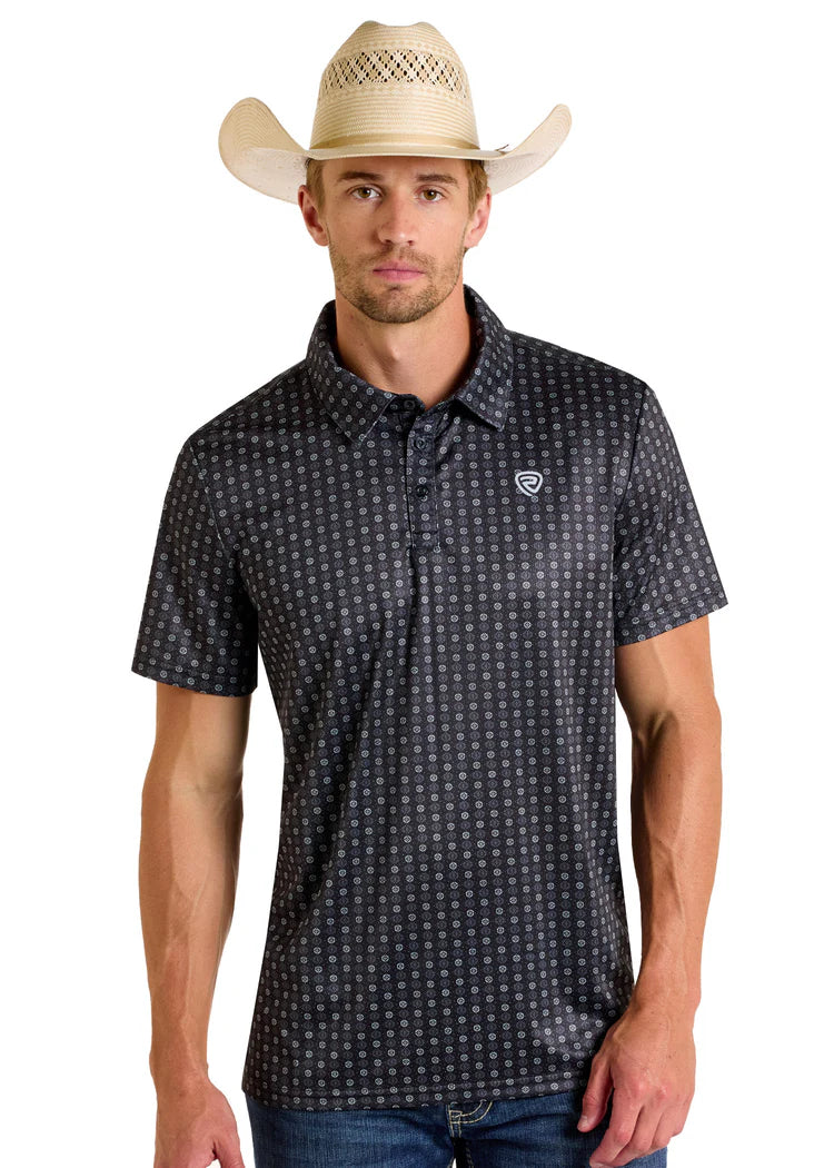Mens black geo printed polo